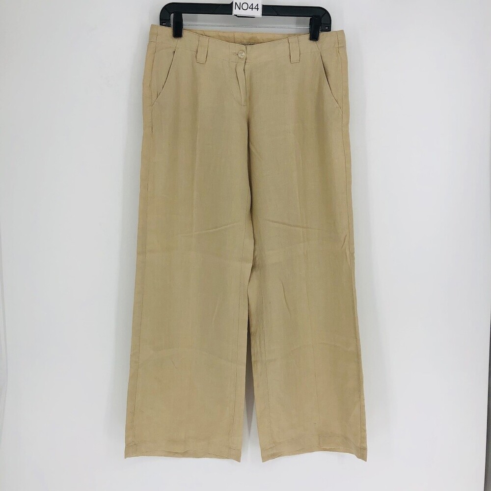 United Colors of Benetton Womens Khaki 100% Linen Flat Front Wide Leg Pant Sz 42